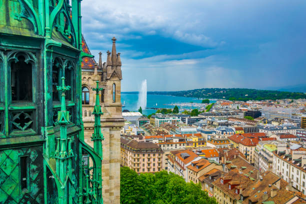 aerial view of geneva from cathedral saint pierre, switzerland - geneva canton imagens e fotografias de stock