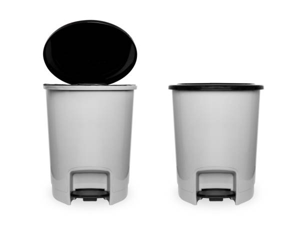 istock Trash Can with Plastic Black Isolated on white Background with Clipping Path. Beautiful Grey Empty Refuse Bin (Garbage Can) for Clean. Two Plastic Trash Cans or Bin Black and Gray One Open, One Closed. 1138520837