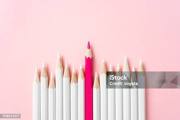 Color Pencil With Leadership Teamwork Concept Stock Photo - Download Image Now - Standing Out From The Crowd, Individuality, Concepts