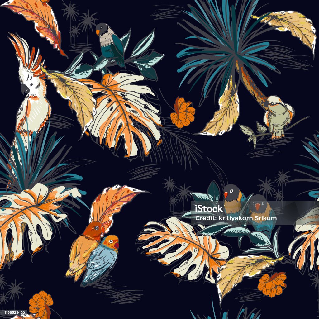 Seamless pattern hand drawn sketch tropical  with exotic parrot birds in vector Design for fashion ,fabic,web,wallpaper,and all prints Seamless pattern hand drawn sketch tropical  with exotic parrot birds in vector Design for fashion ,fabic,web,wallpaper,and all prints on navy blue background color Flower stock vector