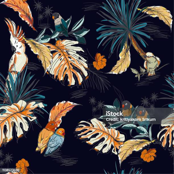 Seamless Pattern Hand Drawn Sketch Tropical With Exotic Parrot Birds In Vector Design For Fashion Fabic Web Wallpaper And All Prints Stock Illustration - Download Image Now