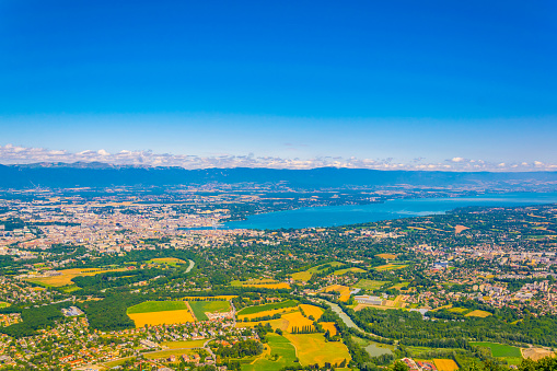 Aerial view of Geneva and Geneva lake from Mont Saleve, Switzerland