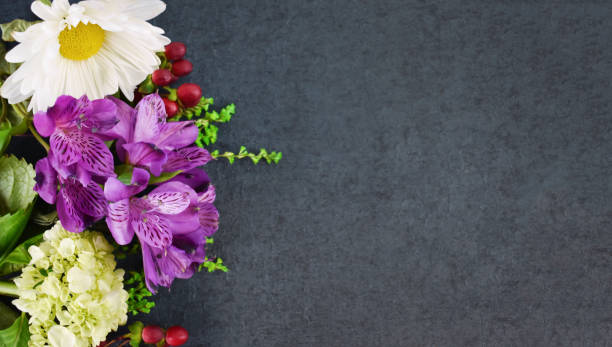 istock Beautiful colorful flowers on black table background texture with copy and text space, shot from directly above, top view, flat lay. 1138524538