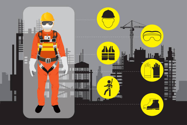 ilustraciones, imágenes clip art, dibujos animados e iconos de stock de equipo de seguridad, trabajador de la construcción - safety sign protective workwear factory