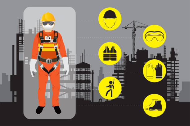 illustrations, cliparts, dessins animés et icônes de équipement de sécurité, ouvrier de construction - safety sign protective workwear factory