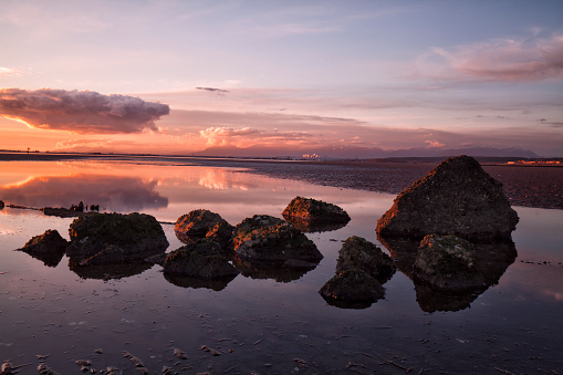 Crescent Beach at sunset in low tide, Surrey, BC, Canada long exposure.