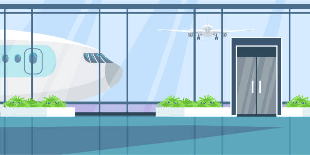 Airport terminal flat illustration Airport terminal flat illustration. Wait hall interior color drawing. Monitors with timetable, arrival schedule. Airline industry. International travel, tourism, transportation business airport backgrounds stock illustrations