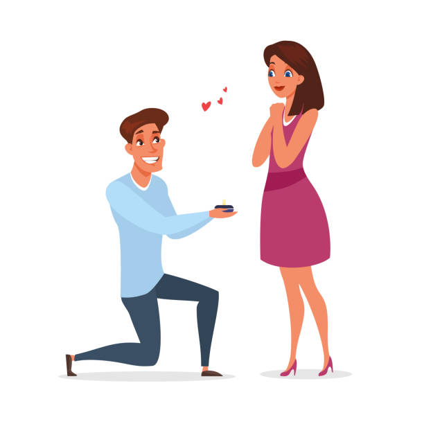 Engagement proposal flat vector illustration Engagement proposal flat vector illustration. Cartoon couple. Elegant man on knee giving ring. Impressed girl with blushed cheeks. Marriage offer. Romantic relationship moment banner design element marry me cartoon stock illustrations