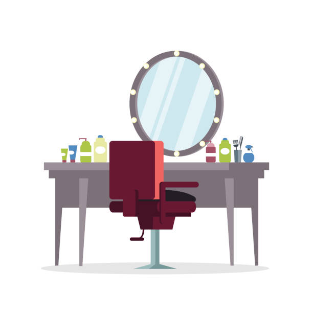 Actor dressing room, barbershop flat illustration Actor dressing room, barbershop flat illustration. Hairdresser, stylist profession. Barber chair and table with hairdressing tools, equipment. Professional beauty service isolated design element hair posters for salon stock illustrations