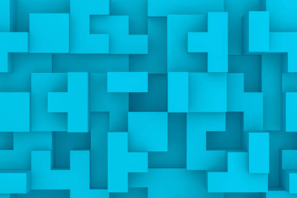 3D Abstract blue geometric shapes, logic game Block Stacking Video Game, Toy Block, Puzzle, Wood - Material, Shape, Logic Game. Blue background. block stacking video game stock pictures, royalty-free photos & images
