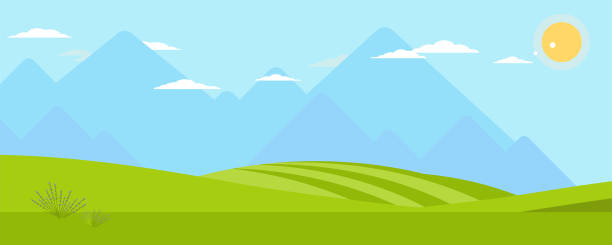 Picturesque panoramic landscape color illustration Picturesque panoramic landscape color illustration. Hills and blue river morning view. Tranquil and peaceful scenery backdrop. Minimalistic nature background. Green gradient meadows, fields panorama grass vector meadow spring stock illustrations