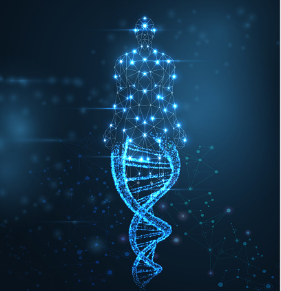 Blue abstract background with luminous DNA molecule, neon helix and human body. Medical science, genetic, biotechnology, chemistry, biology. Vector poster.