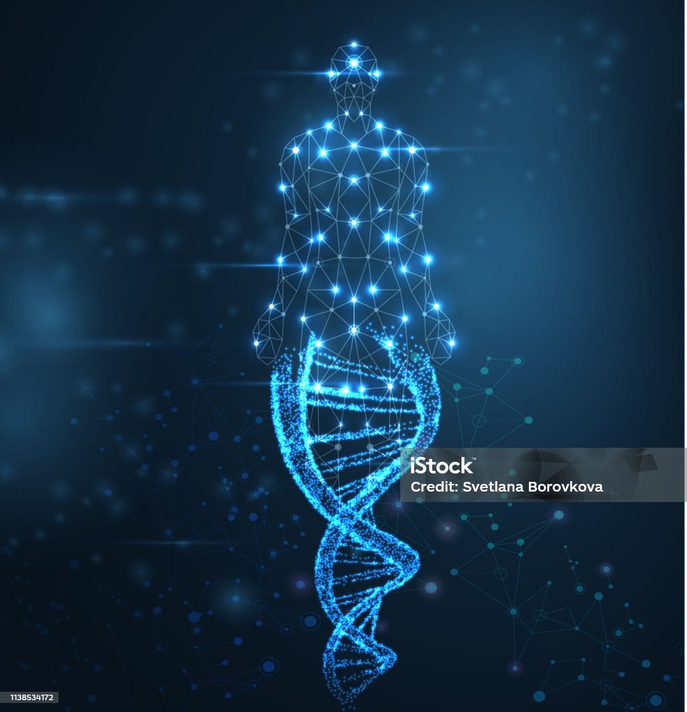 Blue abstract background with luminous DNA molecule, neon helix and human body. Blue abstract background with luminous DNA molecule, neon helix and human body. Medical science, genetic, biotechnology, chemistry, biology. Vector poster. DNA stock vector