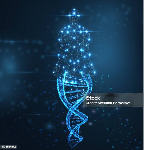 Blue Abstract Background With Luminous Dna Molecule Neon Helix And Human Body Stock Illustration - Download Image Now