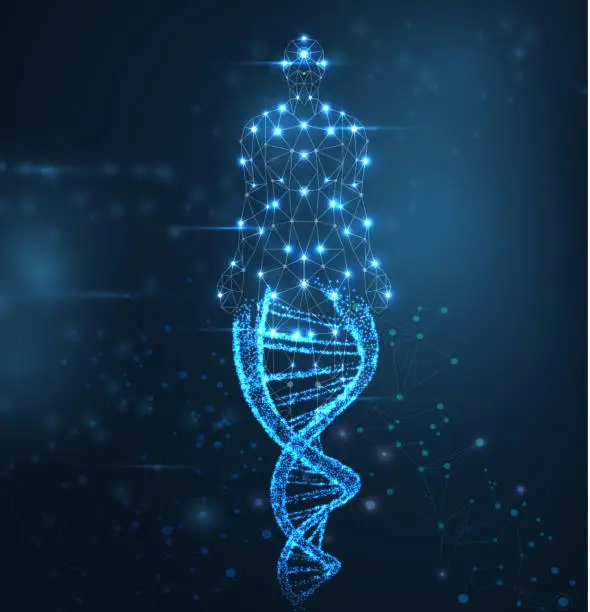 Vector illustration of Blue abstract background with luminous DNA molecule, neon helix and human body.