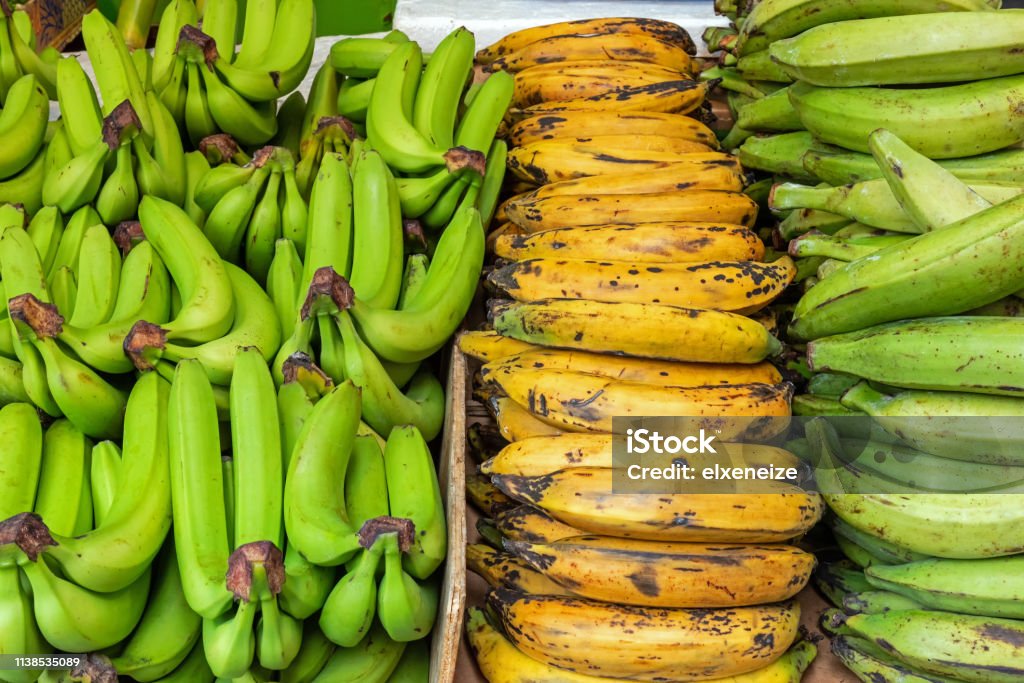 Different kinds of bananas Different kinds of bananas for sale at a market in Brixton, London Plantain Stock Photo