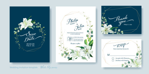 ilustrações de stock, clip art, desenhos animados e ícones de wedding invitation card, save the date, thank you, rsvp template. white lily flower, silver dollar plant, olive leaves, wax flower. - lily