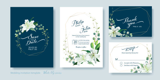 Wedding Invitation card, save the date, thank you, rsvp template. White lily flower, silver dollar plant, olive leaves, Wax flower. Wedding Invitation card, save the date, thank you, rsvp template. Vector. White lily flower, silver dollar plant, olive leaves, Wax flower. rsvp stock illustrations