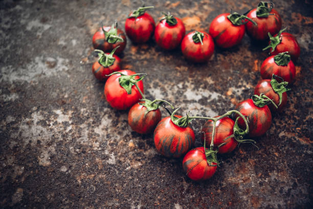 tomates coloridos do herança frescos de meu jardim orgânico do país - heirloom tomato organic tomato rustic - fotografias e filmes do acervo