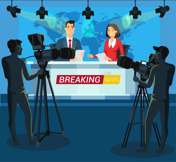 Live breaking news cartoon vector illustration Live breaking news cartoon vector illustration. Journalists reading global news from papers. Broadcasting. Cameras on tripods in mass media, press studio. World map on screen. Cameraman flat character broadcast studio stock illustrations