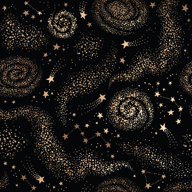 ilustraciones, imágenes clip art, dibujos animados e iconos de stock de galaxia sin costuras patrón negro con la nebulosa de oro, constelaciones y estrellas - el horoscopo negro