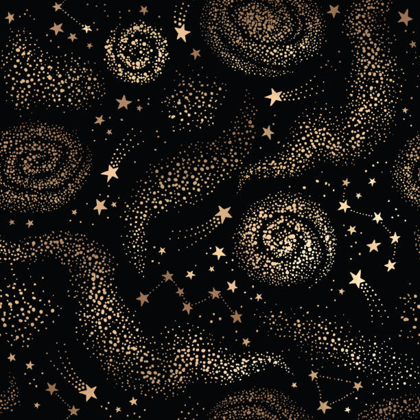Galaxy seamless black pattern with gold nebula, constellations and stars Vector galaxy black seamless pattern with gold nebula, constellations and stars. Golden space background star space stock illustrations