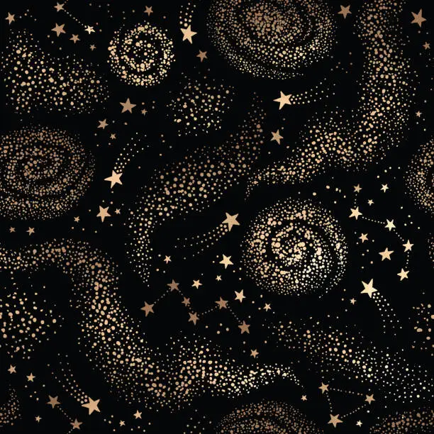 Vector illustration of Galaxy seamless black pattern with gold nebula, constellations and stars
