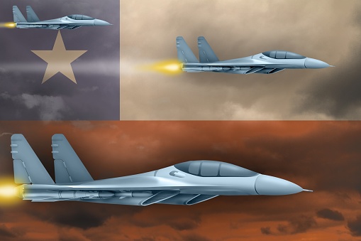 Chile air strike concept. Modern war airplanes attack on Chile flag background. 3d Illustration