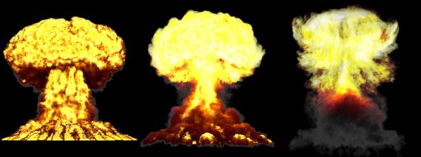 istock 3D illustration of explosion - 3 large highly detailed different phases mushroom cloud explosion of nuke bomb with smoke and fire isolated on black 1138543251