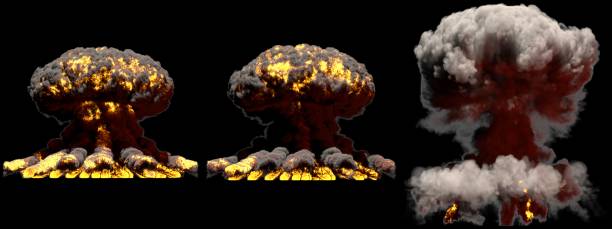 istock 3D illustration of explosion - 3 big different phases fire mushroom cloud explosion of thermonuclear bomb with smoke and flame isolated on black background 1138543299