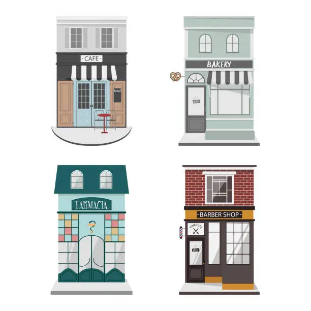 Vector illustration of Set of vector detailed design building facade in flat style. Cafe, Barber shop, Bakery,Farmacy. Isolated vector illustration