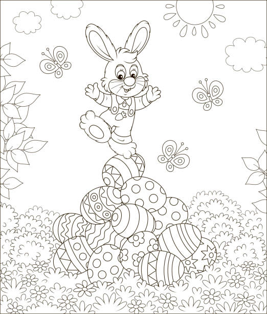illustrazioni stock, clip art, cartoni animati e icone di tendenza di piccolo coniglietto pasquale su un mucchio di uova decorate - easter bunny easter grass sunlight