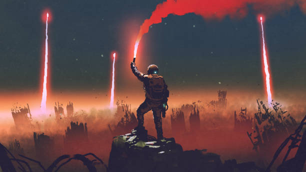 smoke signal of surveyors man holds a red smoke flare up in the air and standing against the apocalypse world, digital art style, illustration painting dystopia concept stock illustrations