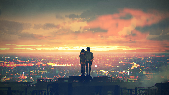 young couple standing on the rooftop looking at cityscape at sunset, digital art style, illustration painting