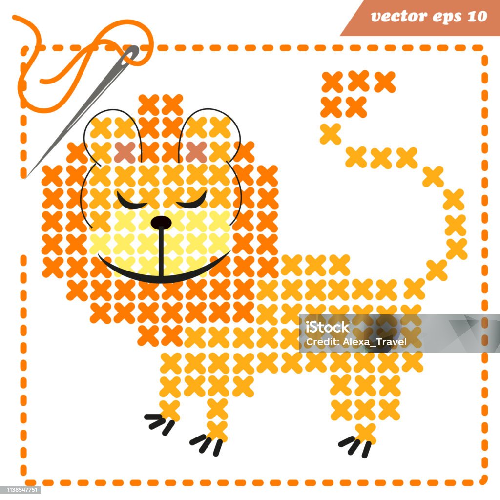 Vector scheme for crosstiching with funny lion Simple vector embroidery scheme with crosstiched lion for children and adults. Pixelart anymal. Frame with needle and string . Isolated on white background. element for logo, print, emblem, design or embroidery worksheets. Cross-Stitch stock vector