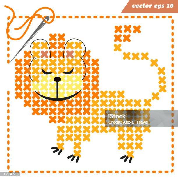 Vector Scheme For Crosstiching With Funny Lion Stock Illustration - Download Image Now - Cross-Stitch, Abstract, Animal