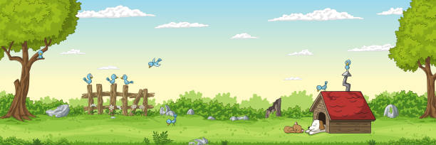 Summer Landscape With Peets Panorama summer landscape with sleeping dog and cat, fence and trees dog sleeping tree cartoon stock illustrations