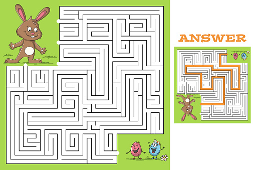 Cartoon easter game puzzle with solution. Vector illustration with separate layers.