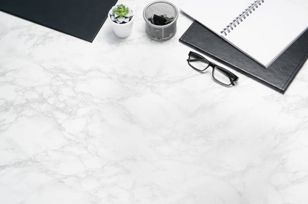 istock White office desk table with supplies copy space. Flat lay 1138550903