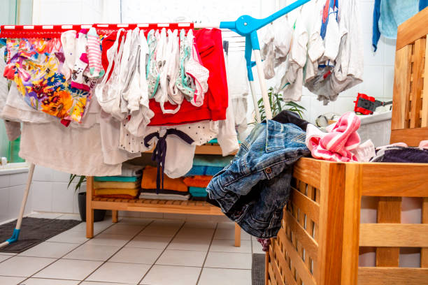 istock Huge amount of laundry drying in the bathroom 1138554405