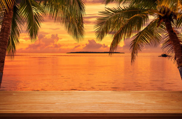 istock Empty wooden table under tropical beach palm trees 1138555466