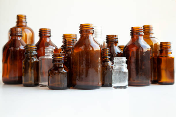 Many small brown bottles without labels
