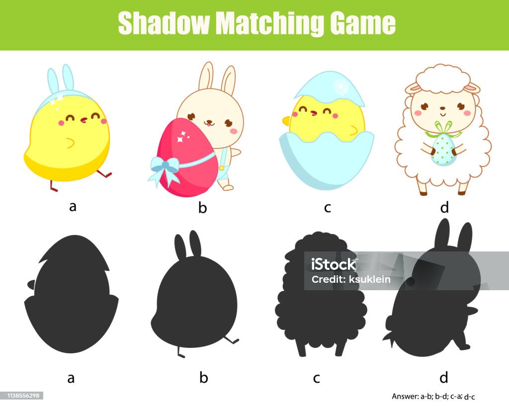 Shadow matching game. Find silhouette. Easter activity for toddlers and pre school age kids. Easter stock vector