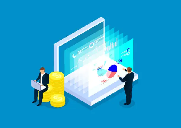Vector illustration of Data finance, two businessmen analyze financial web page data
