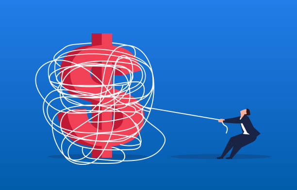 ilustrações de stock, clip art, desenhos animados e ícones de businessman trying to untie the rope that is entangled with the dollar - skill emotional stress occupation men