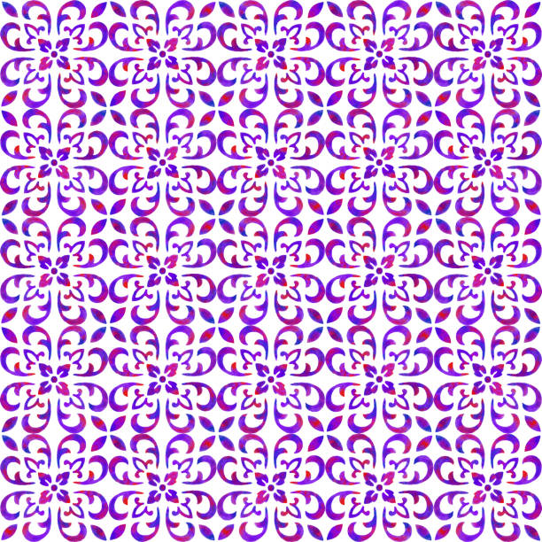 ręcznie rysowany wzór płytek wektorowych akwareli, lizbona arabska mozaika kwiatowa, śródziemnomorska bezszwowa fioletowa czerwona ozdoba - purple tile mosaic tiled floor stock illustrations