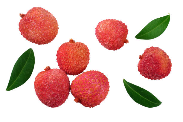 istock Fresh lychee with leaves isolated on white background. top view 1138571799
