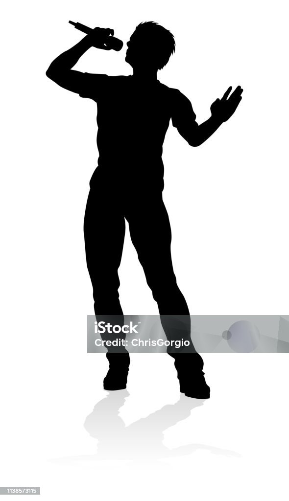 Singer Pop Country or Rock Star Silhouette A singer pop, country music, rock star or hiphop rapper artist vocalist singing in silhouette Adulation stock vector
