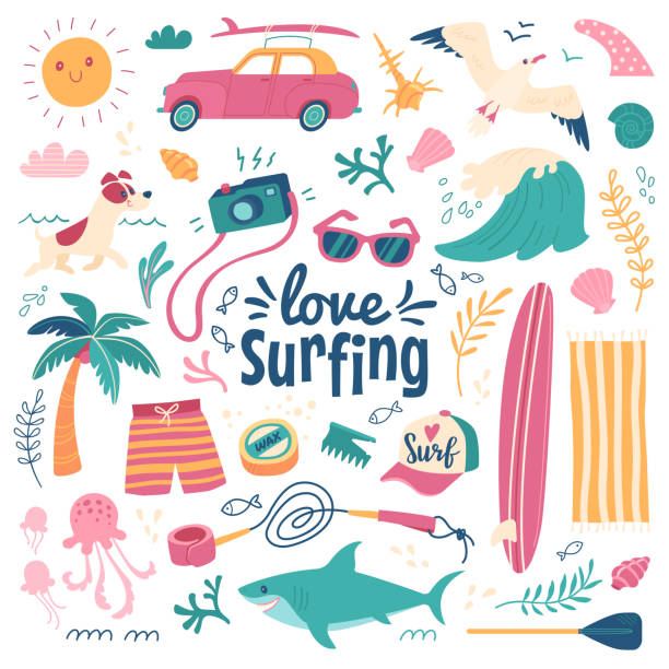 illustrations, cliparts, dessins animés et icônes de fond de surf d'amour. - swimming trunks swimwear clothing beach