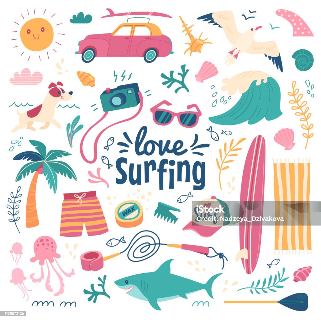 Love surfing background. Vector illustration in cartoon style of summer icons, including animals, plants and surfing equipment: surfboard, fins, leash and clothes elements. Isolated on white. Summer stock vector